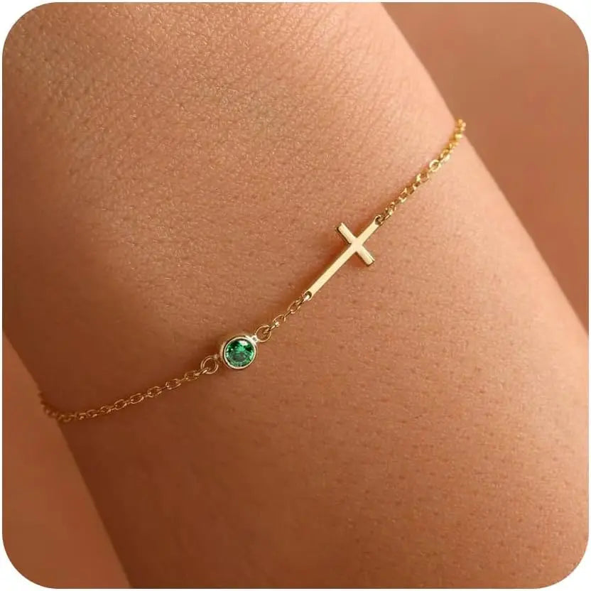 Gold Cross Charm Birthstone Bracelet