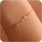Gold Cross Charm Birthstone Bracelet