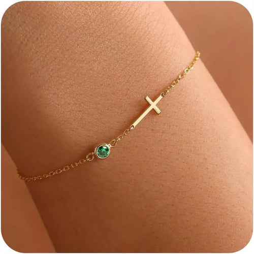 Gold Cross Charm Birthstone Bracelet