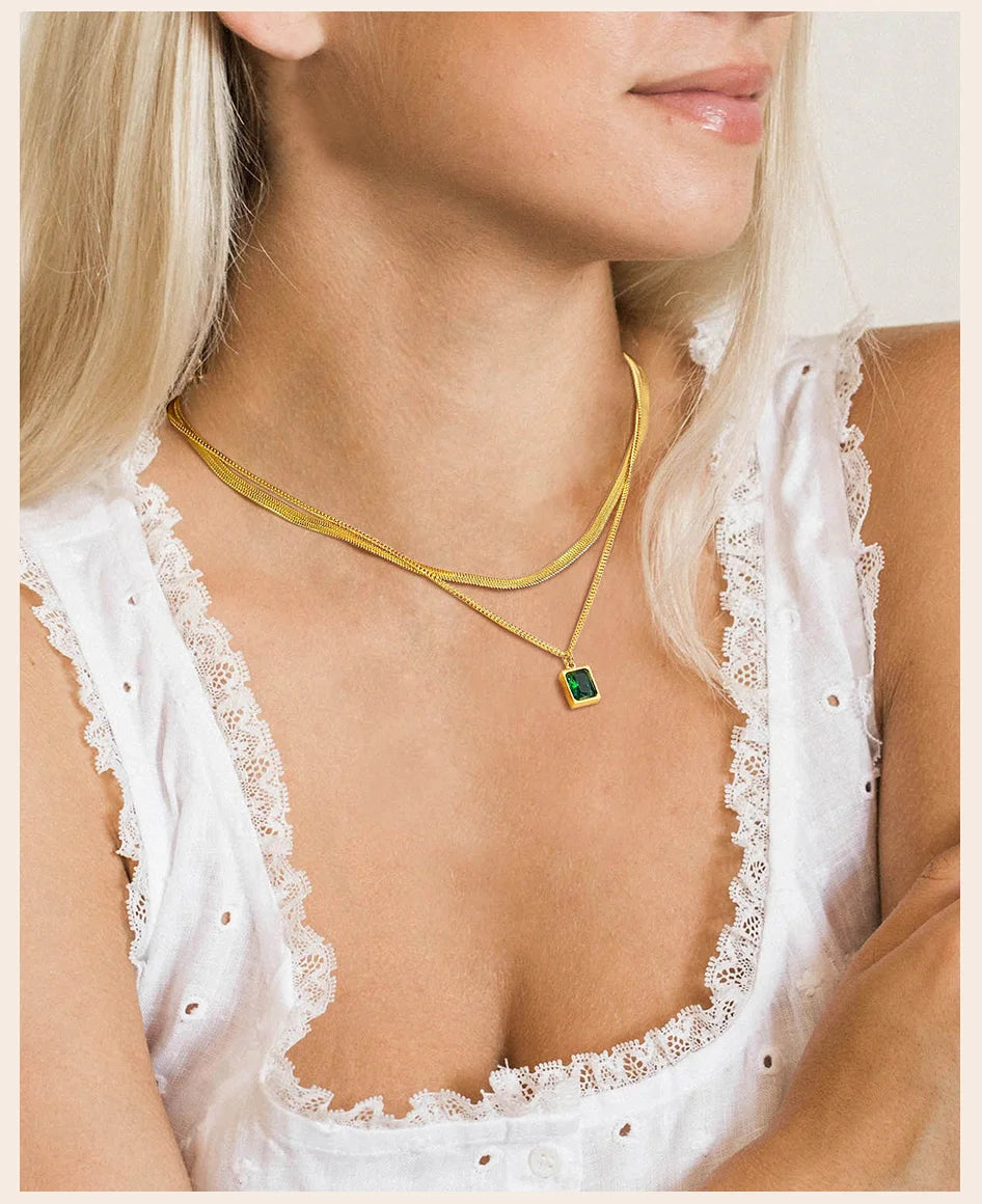 Gold Green Zircon Layered Necklace