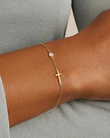 Gold Cross Charm Birthstone Bracelet