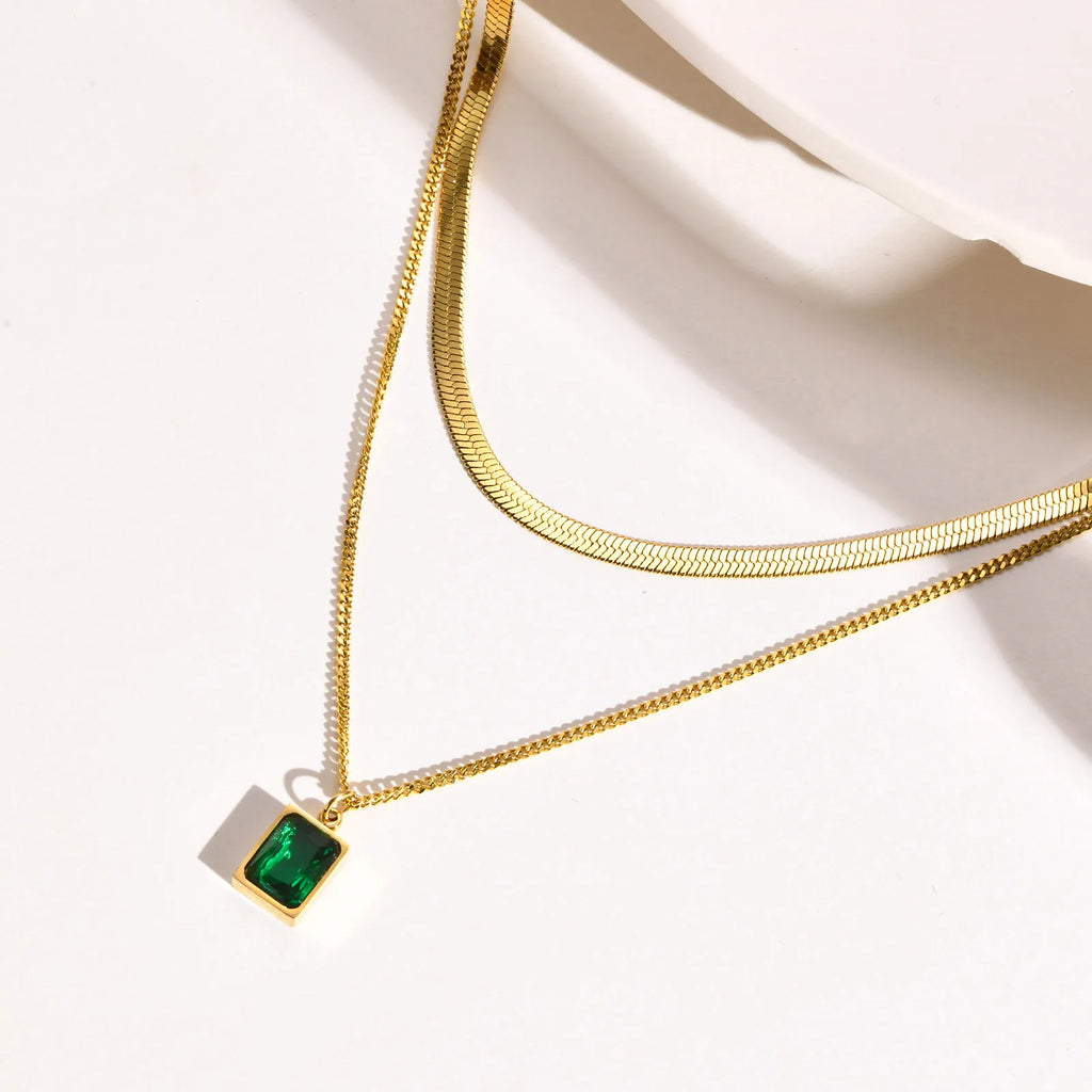 Gold Green Zircon Layered Necklace
