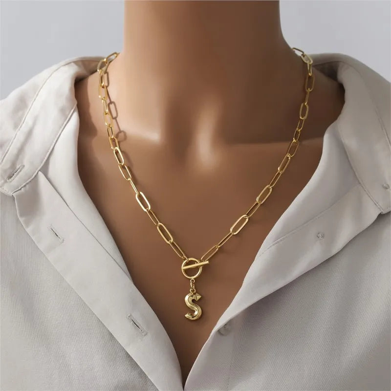 Initial Pendant Necklace with Paperclip Chain